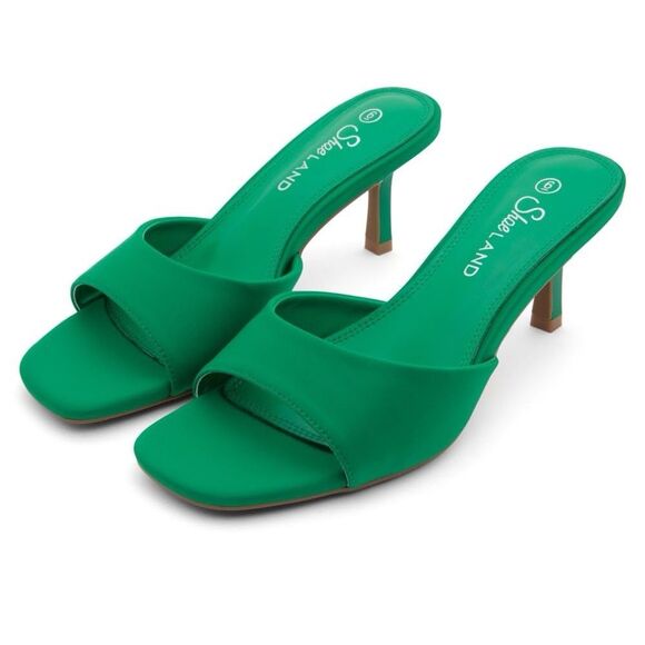 Shoe Land Low Heels Stiletto Heeled Slides, Open Toe One Band Slip-On Heeled - Picture 1 of 9